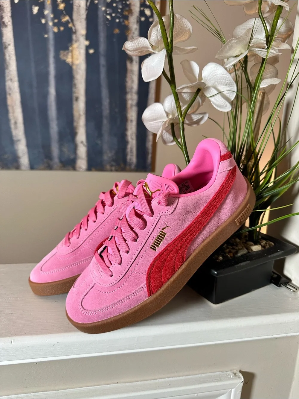 Puma Kids Pink Suede Sneakers with Red Formstrip